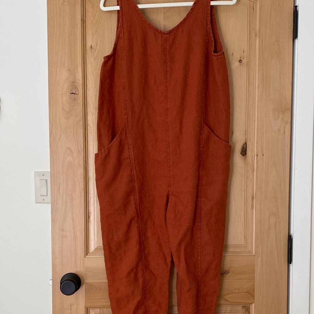 Elizabeth Suzann Rust Orange Sleeveless Linen Jumpsuit - Picture 2 of 6